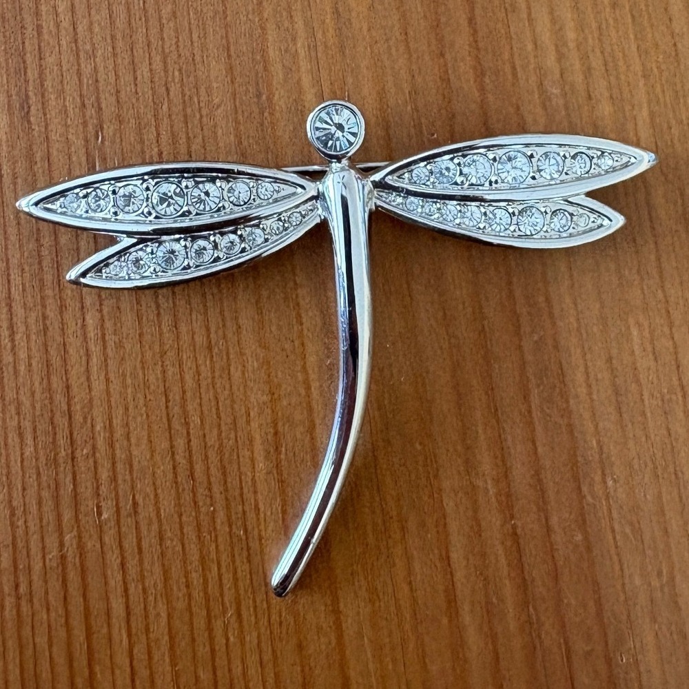 Silver Tone Dragonfly Brooch Pin Clear Rhinestone Wings Insect Jewelry Accessory
